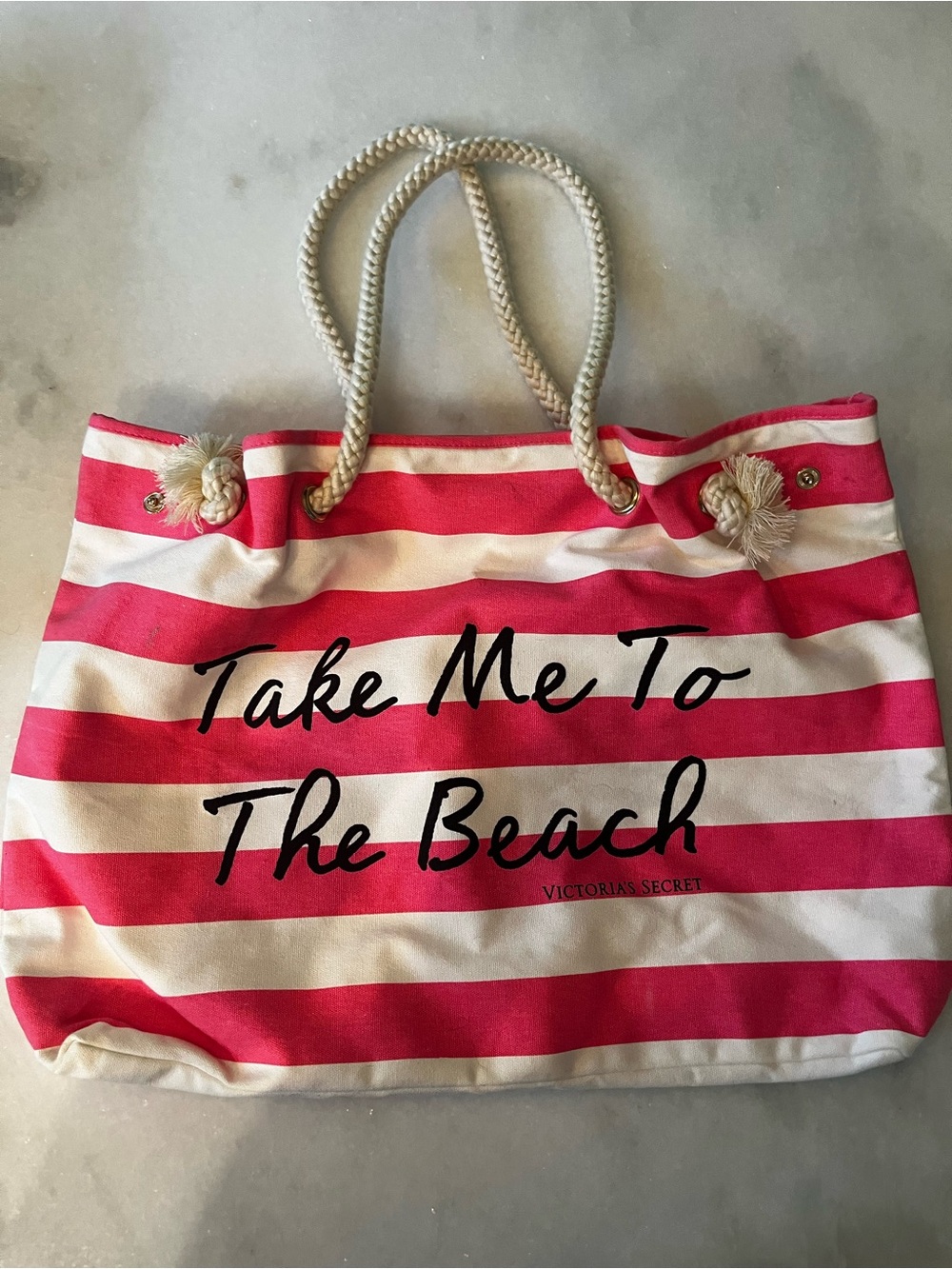 Victoria's Secret Pink & White Striped Rope Handle Tote
